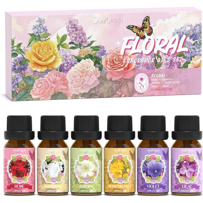 SoulOrigin Floral Essential Oils Set front view showing six bottles of fragrance oils.
