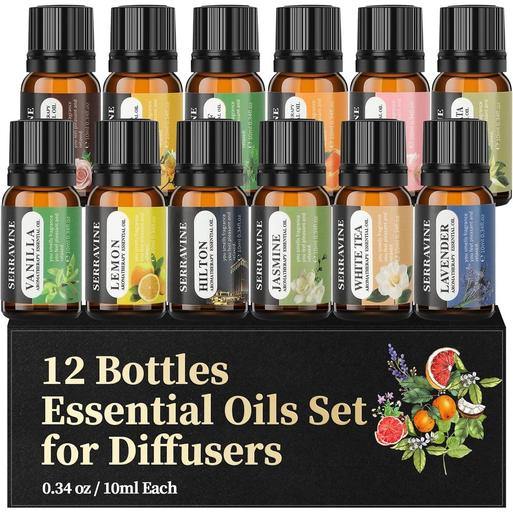 Serravine Natural Essential Oils Set front view of 12 bottles in gift box