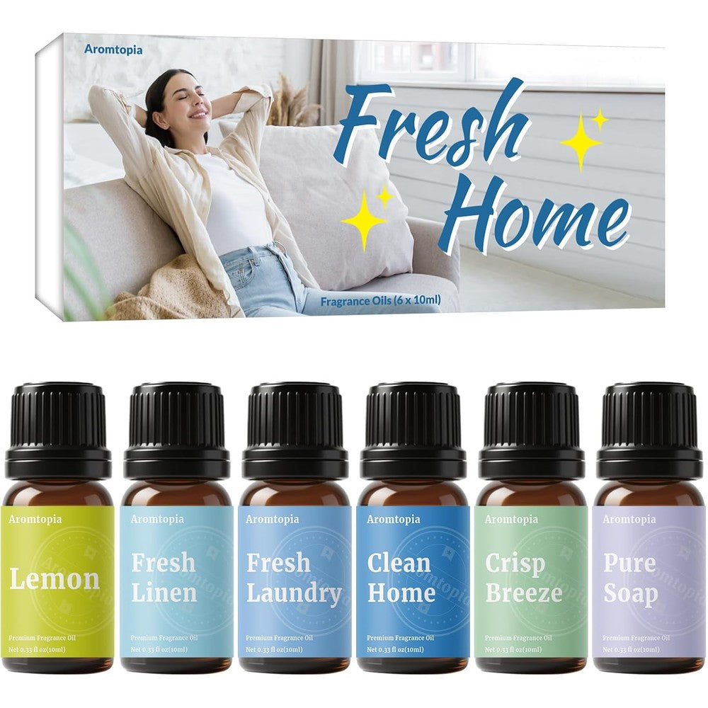 Aromtopia Fresh Home Essential Oils 6-pack box set for aromatherapy.
