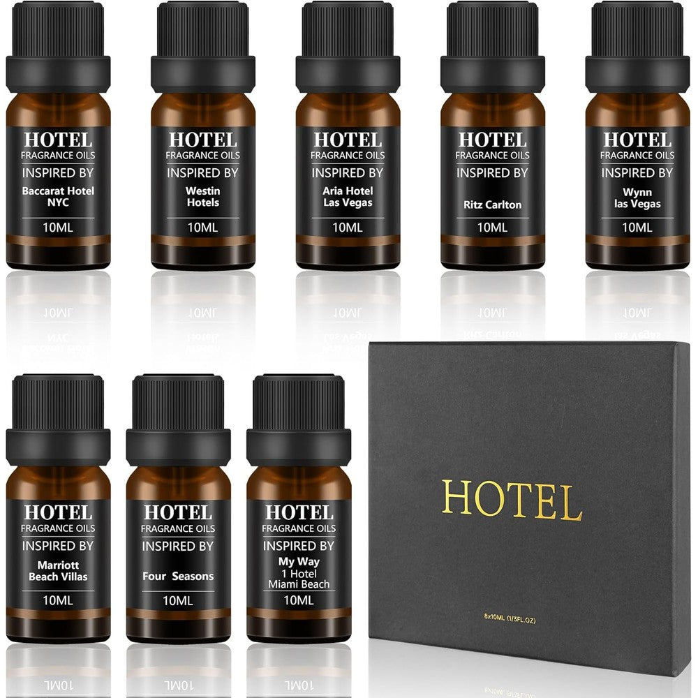 SEAMOSH Hotel Collection Diffuser Essential Oil Gift Set front view showing eight brown bottles.