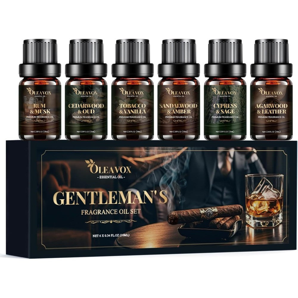 OleaVox Men Essential Oils Gift Set front view of six amber bottles.