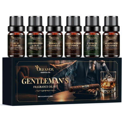 OleaVox Men Essential Oils Gift Set front view of six amber bottles.