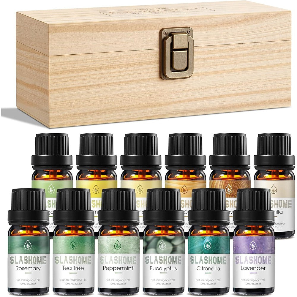 Slashome Essential Oils Set front view of 12 bottles in pine wood gift box.