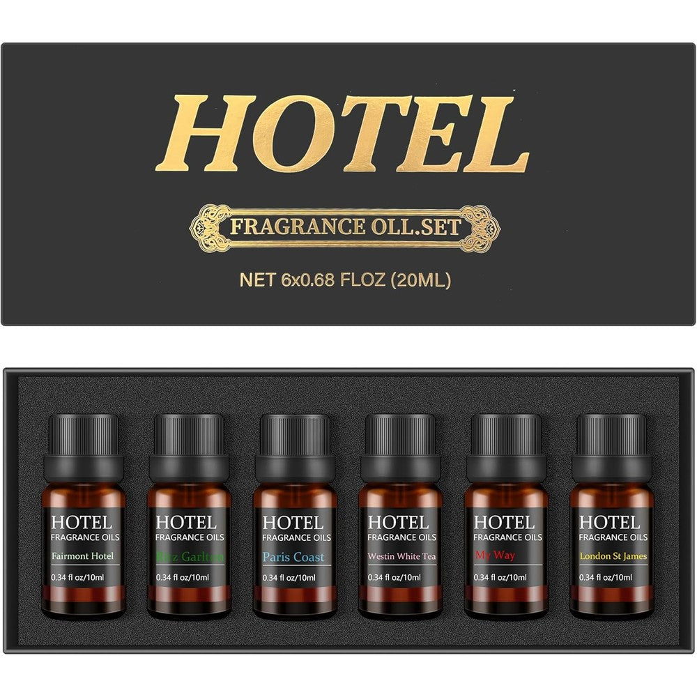 Qiapu Hotel Collection luxury diffuser oils set front view showing six bottles.