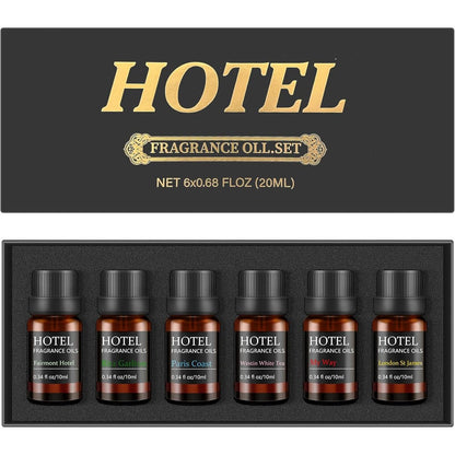 Qiapu Hotel Collection luxury diffuser oils set front view showing six bottles.