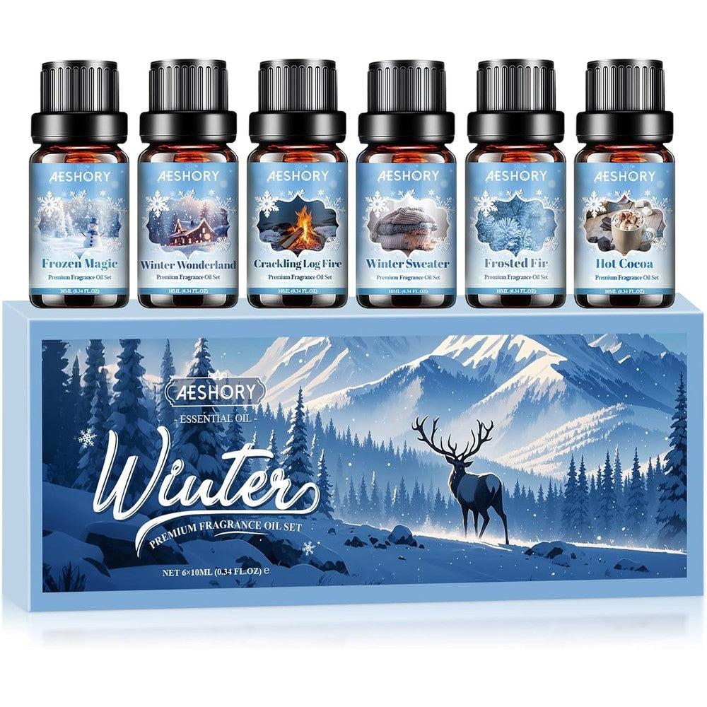 Aeshory Winter Essential Oils Set front view of six holiday fragrance bottles.