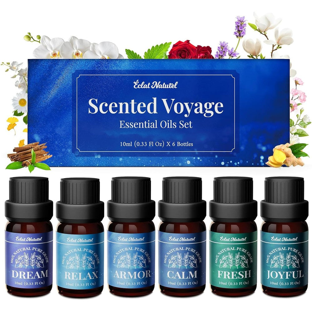 Éclat Naturel Essential Oil Set front view of 6 pack aromatherapy gift box.
