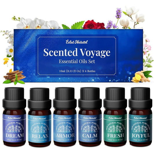 Éclat Naturel Essential Oil Set front view of 6 pack aromatherapy gift box.