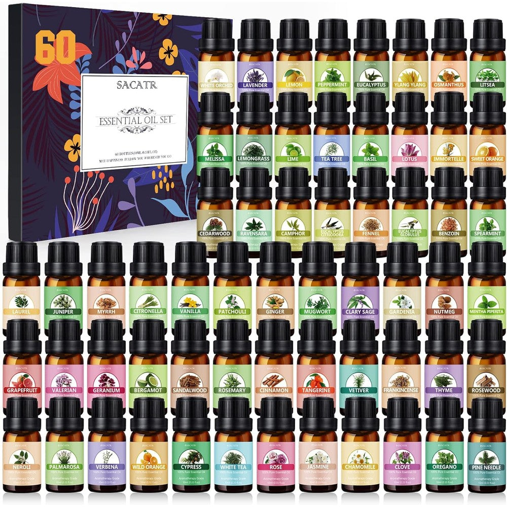 SACATR Essential Oil Set front view showing sixty colorful bottles