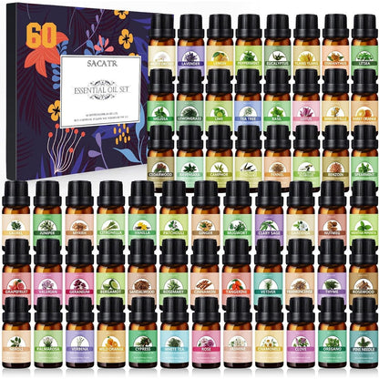 SACATR Essential Oil Set front view showing sixty colorful bottles