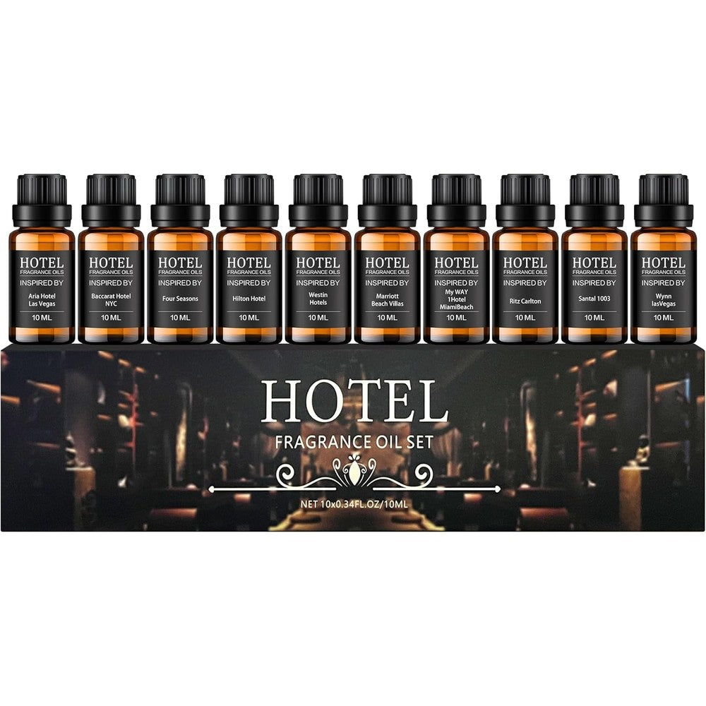SEAMOSH Hotel Collection Essential Oil Set front view of ten 10ml bottles.