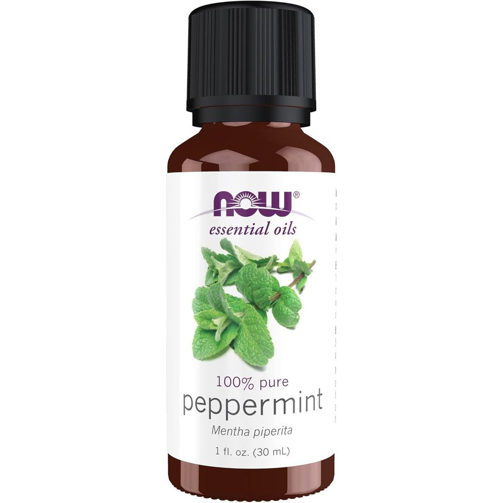 NOW Foods Peppermint Essential Oil 1 Fluid Ounce bottle front view showing the product label.