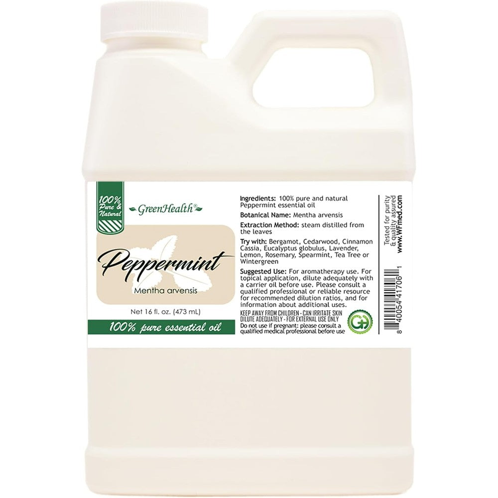 GreenHealth Peppermint Essential Oil 16 fluid ounce front view pure aromatherapy oil.