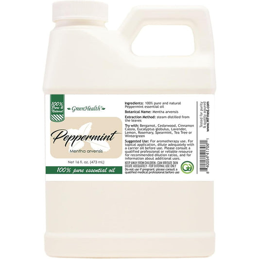 GreenHealth Peppermint Essential Oil 16 fluid ounce front view pure aromatherapy oil.