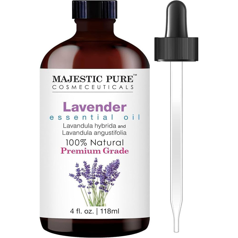 Majestic Pure Lavender Essential Oil 4 fluid ounce bottle front view with glass dropper