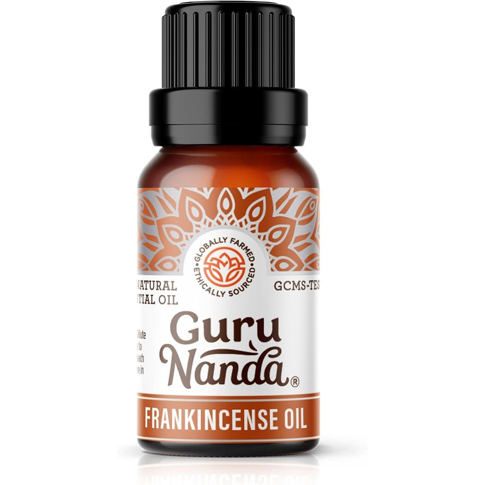 GuruNanda Frankincense Essential Oil 0.5 fluid ounce bottle front view showing pure natural label.