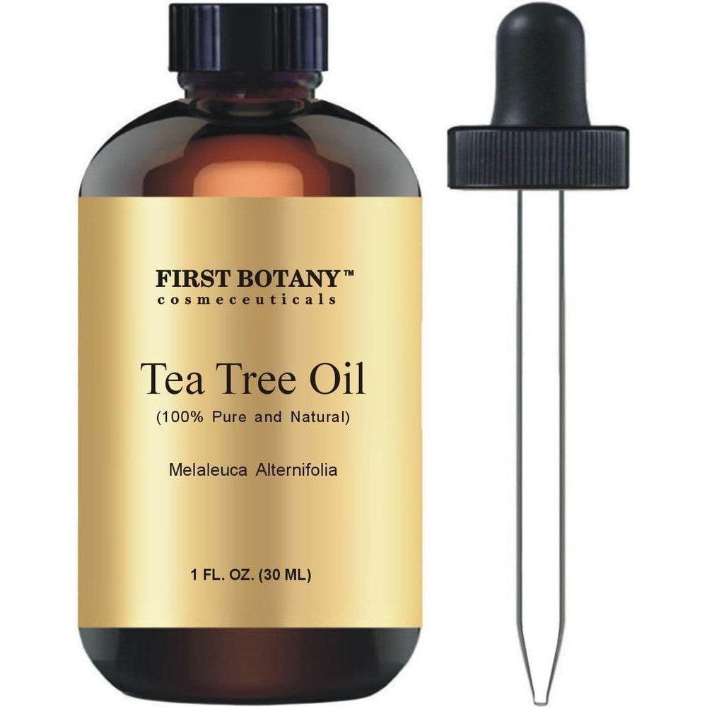 First Botany 100% Pure Australian Tea Tree Essential Oil 1 Fluid Ounce bottle front view with glass dropper