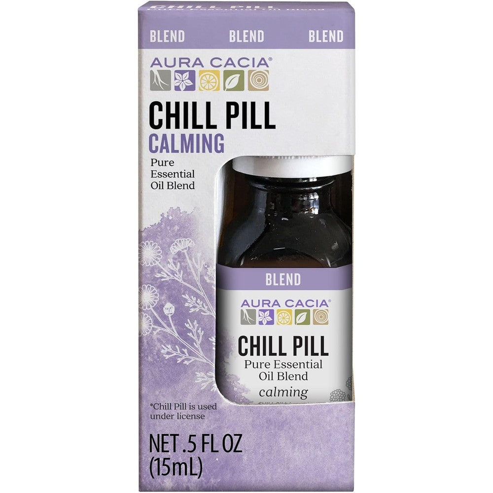 Aura Cacia Chill Pill Essential Oil Blend front view 15ml bottle for stress relief.