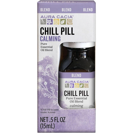 Aura Cacia Chill Pill Essential Oil Blend front view 15ml bottle for stress relief.