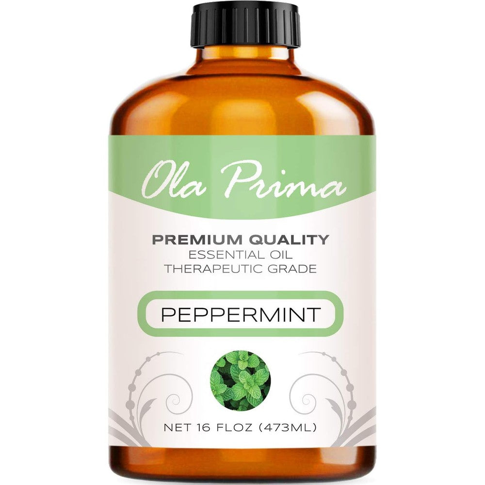 Ola Prima Peppermint Essential Oil 16 Ounce front view bottle for aromatherapy.