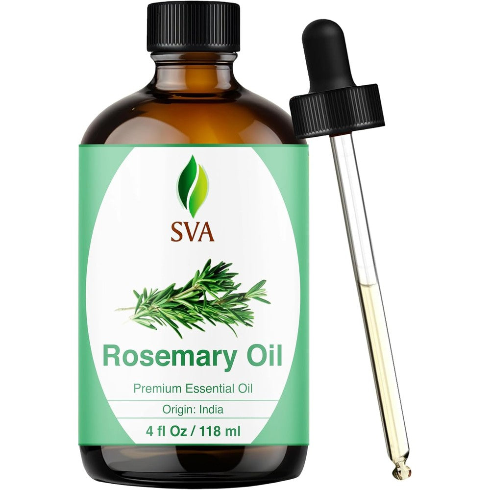 SVA Organics Rosemary Essential Oil front view bottle with dropper for hair growth.