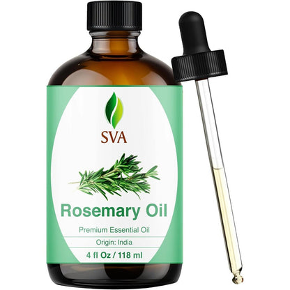 SVA Organics Rosemary Essential Oil front view bottle with dropper for hair growth.