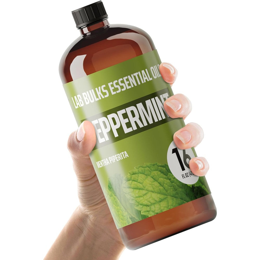 Lab Bulks Peppermint Essential Oil 16 ounce bottle front view for aromatherapy
