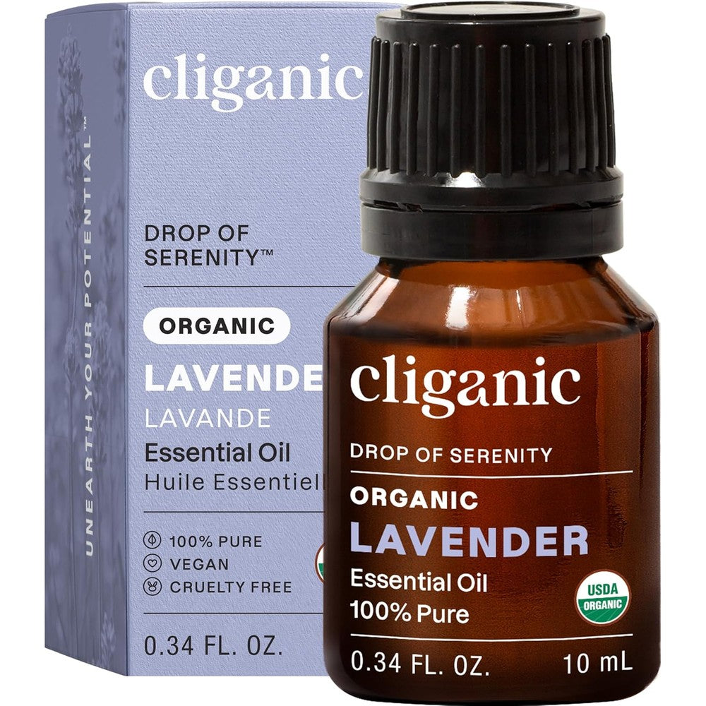 Cliganic Organic Lavender Essential Oil 10ml bottle front view for aromatherapy
