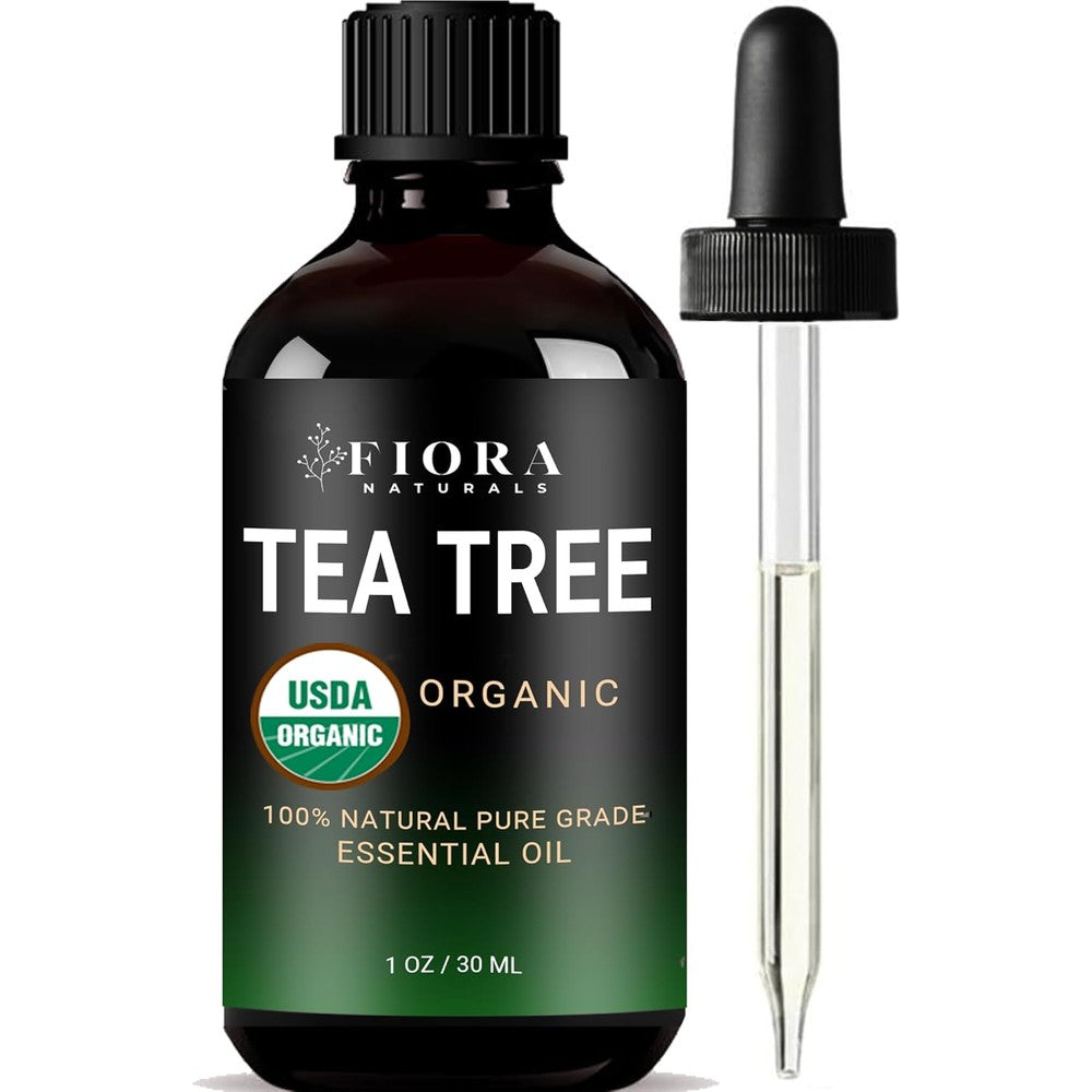 Fiora Naturals Tea Tree Essential Oil front view bottle with glass dropper