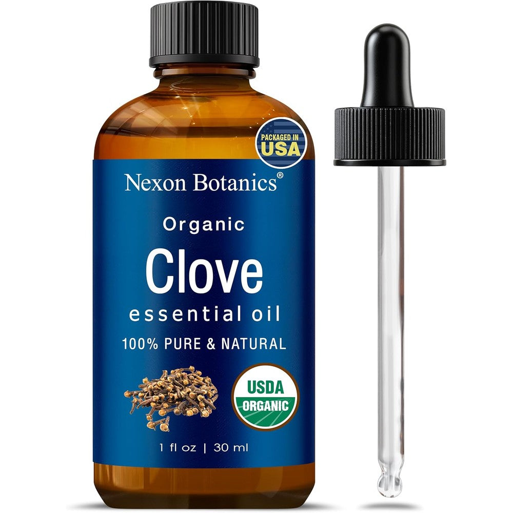 Nexon Botanics Organic Clove Essential Oil 30ml bottle front view for toothache relief
