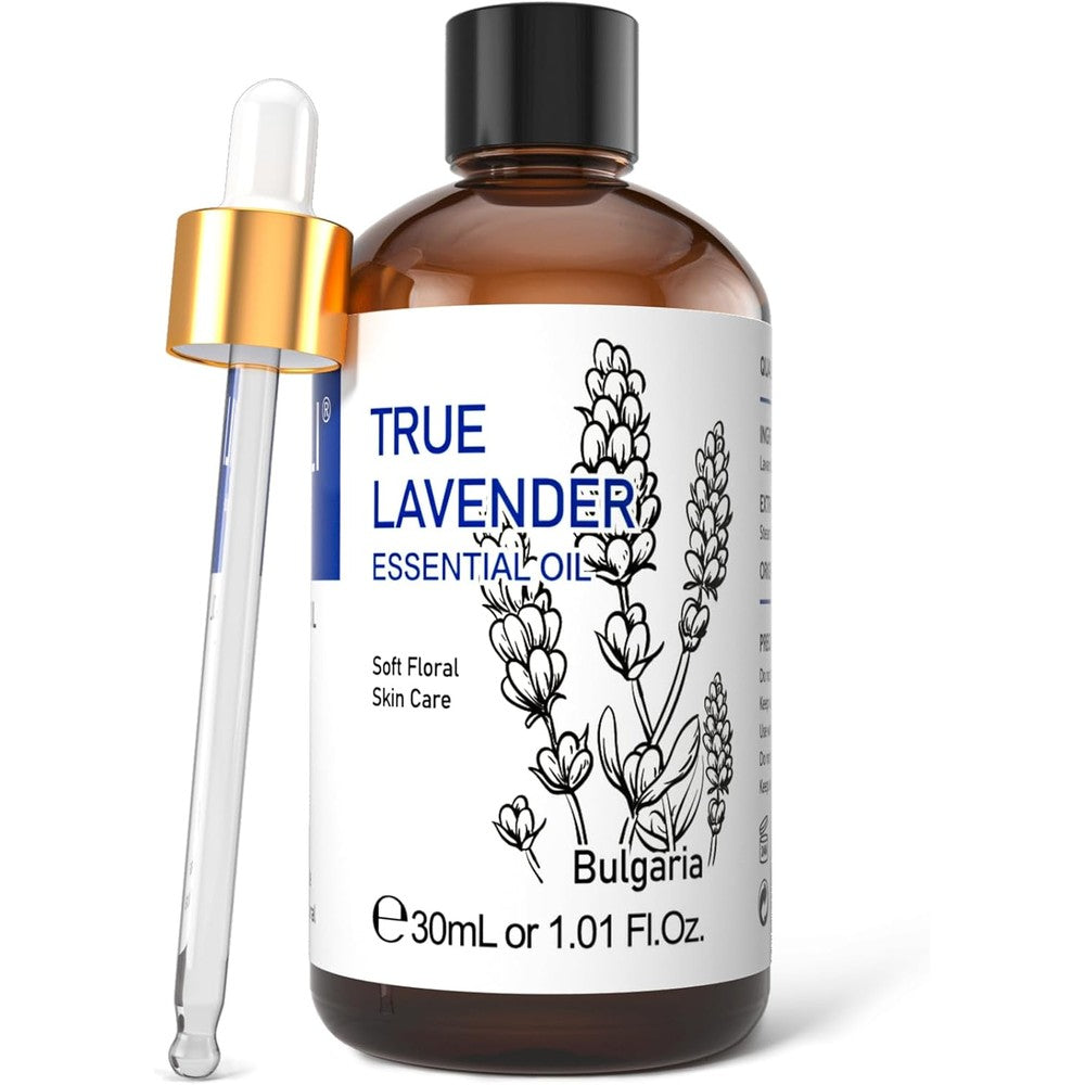 HIQILI Lavender Essential Oil front view 1 Fluid Ounce bottle for aromatherapy.