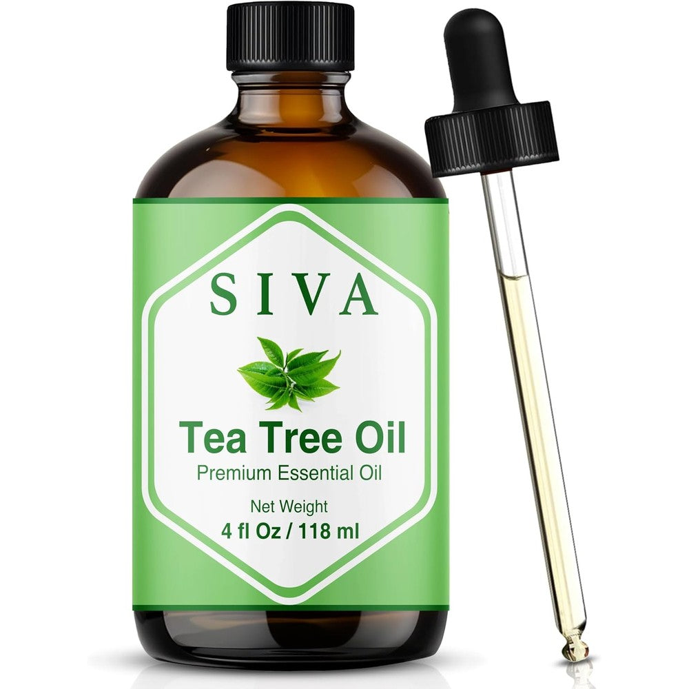 Siva Organics Tea Tree Essential Oil front view 4 fluid ounce bottle with dropper.