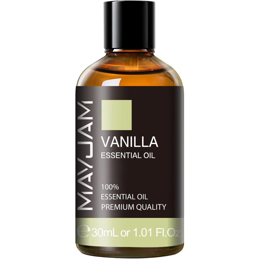 MAYJAM Vanilla Essential Oil 30ml front view showing amber bottle and label.
