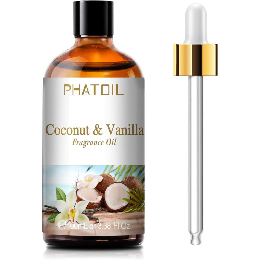 PHATOIL Coconut and Vanilla Fragrance Oil 100ml bottle front view for aromatherapy.