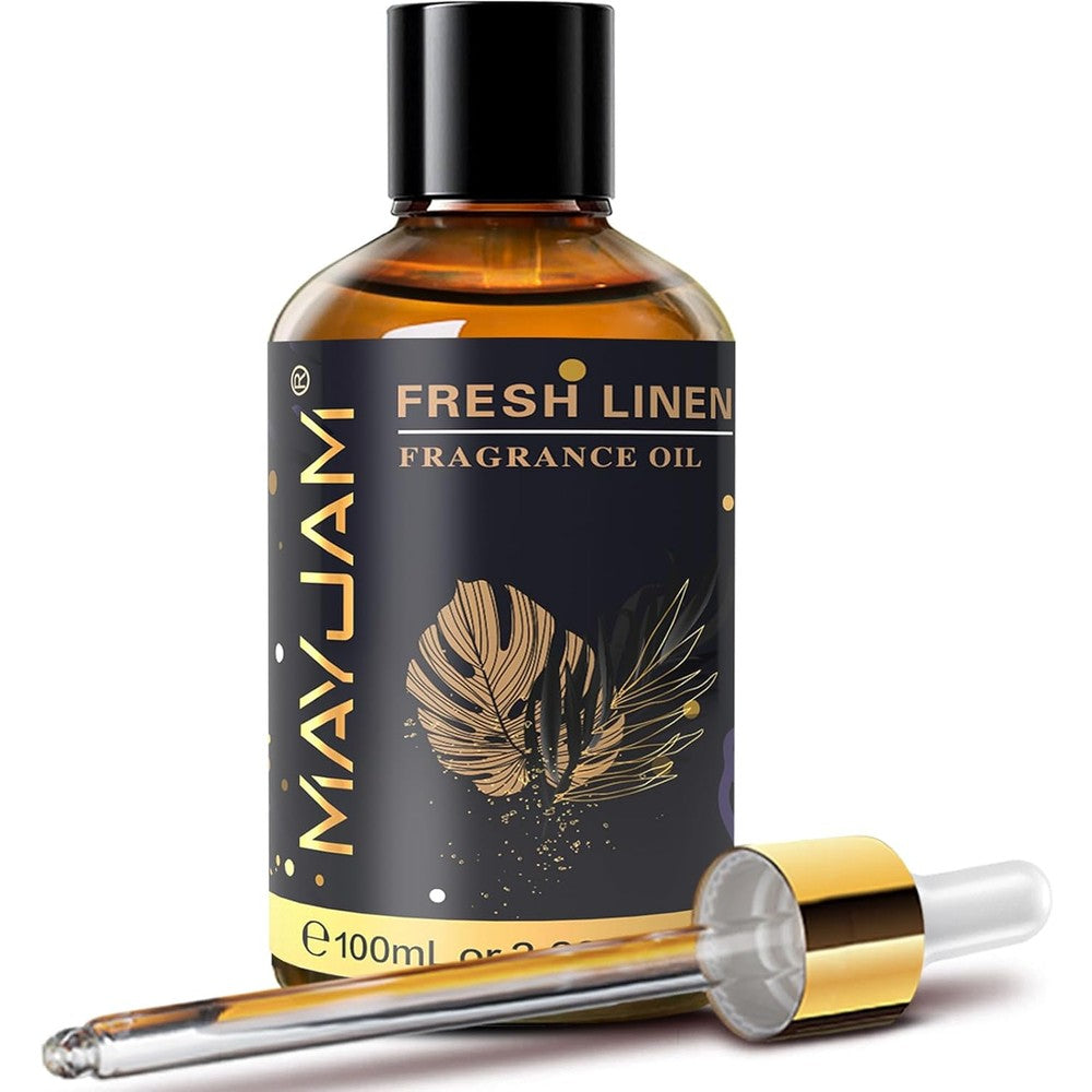 MAYJAM Fresh Linen Fragrance Oil 100ml bottle with glass dropper front view for home aromatherapy.