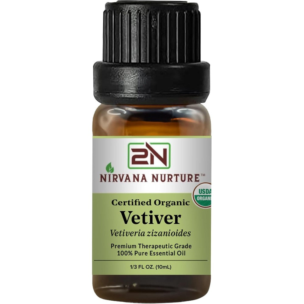 Nirvana Nurture Vetiver Essential Oil front bottle view for aromatherapy.