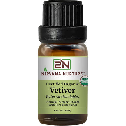 Nirvana Nurture Vetiver Essential Oil front bottle view for aromatherapy.