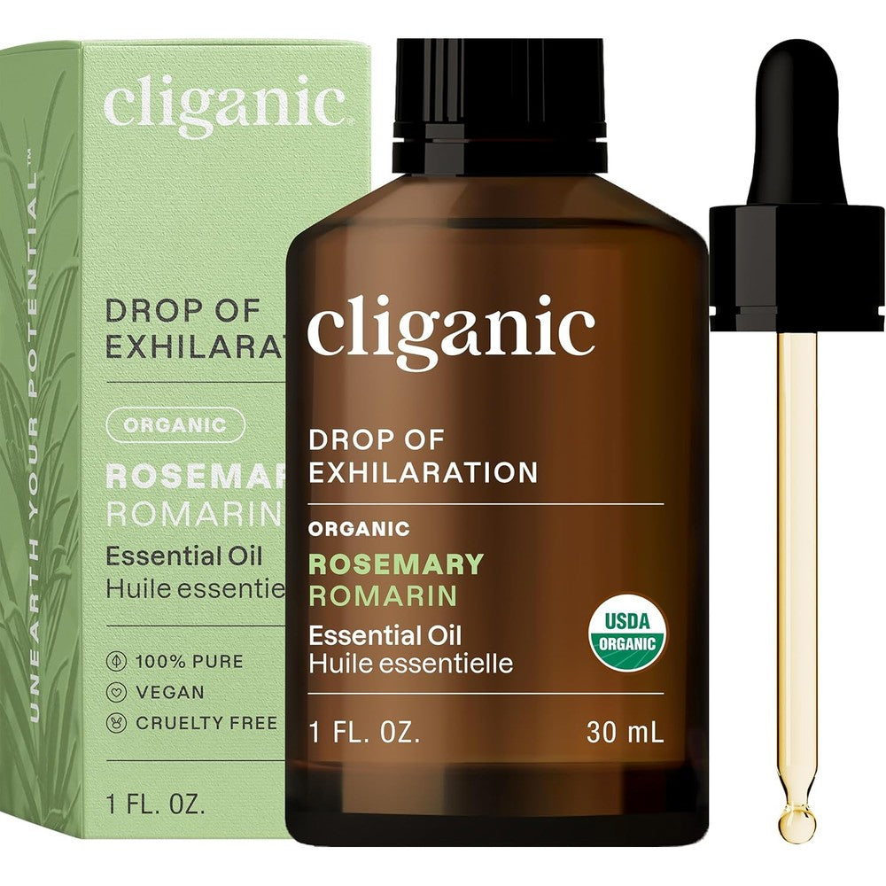 Cliganic Organic Rosemary Essential Oil front view bottle for hair growth.