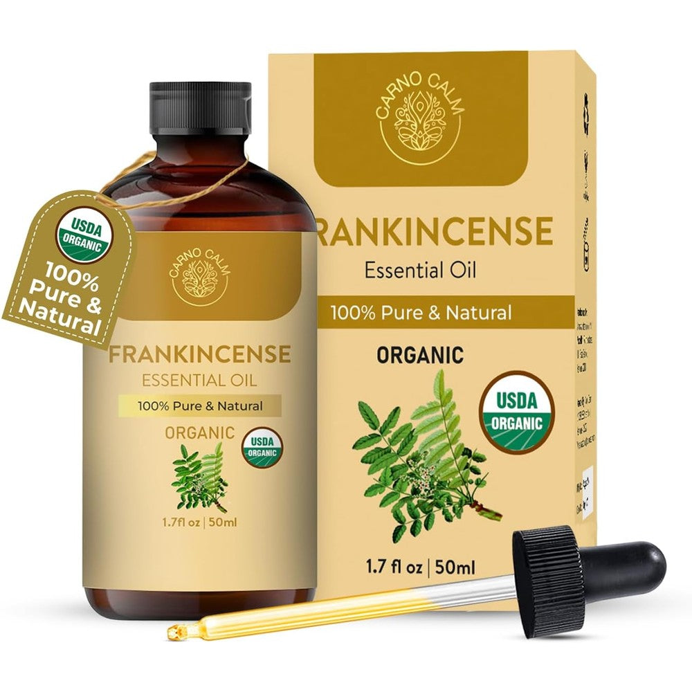 Carno Calm Frankincense Essential Oil 50ml bottle and packaging front view organic skincare