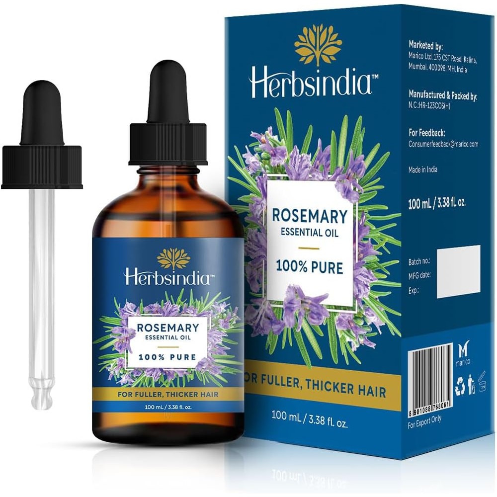 Herbsindia Rosemary Essential Oil 3.3 Fluid Ounce bottle with glass dropper for hair growth