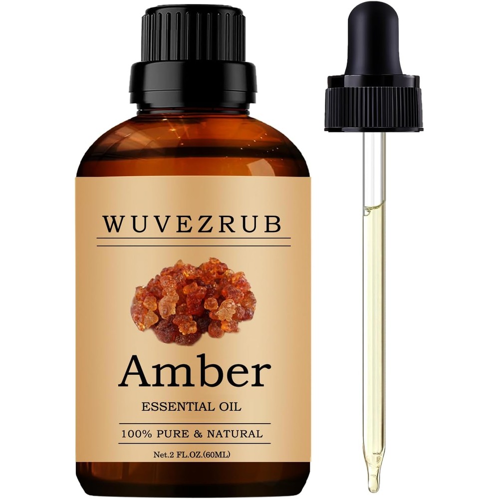 Wuvezrub Amber Essential Oil 60ml front view of bottle with dropper.