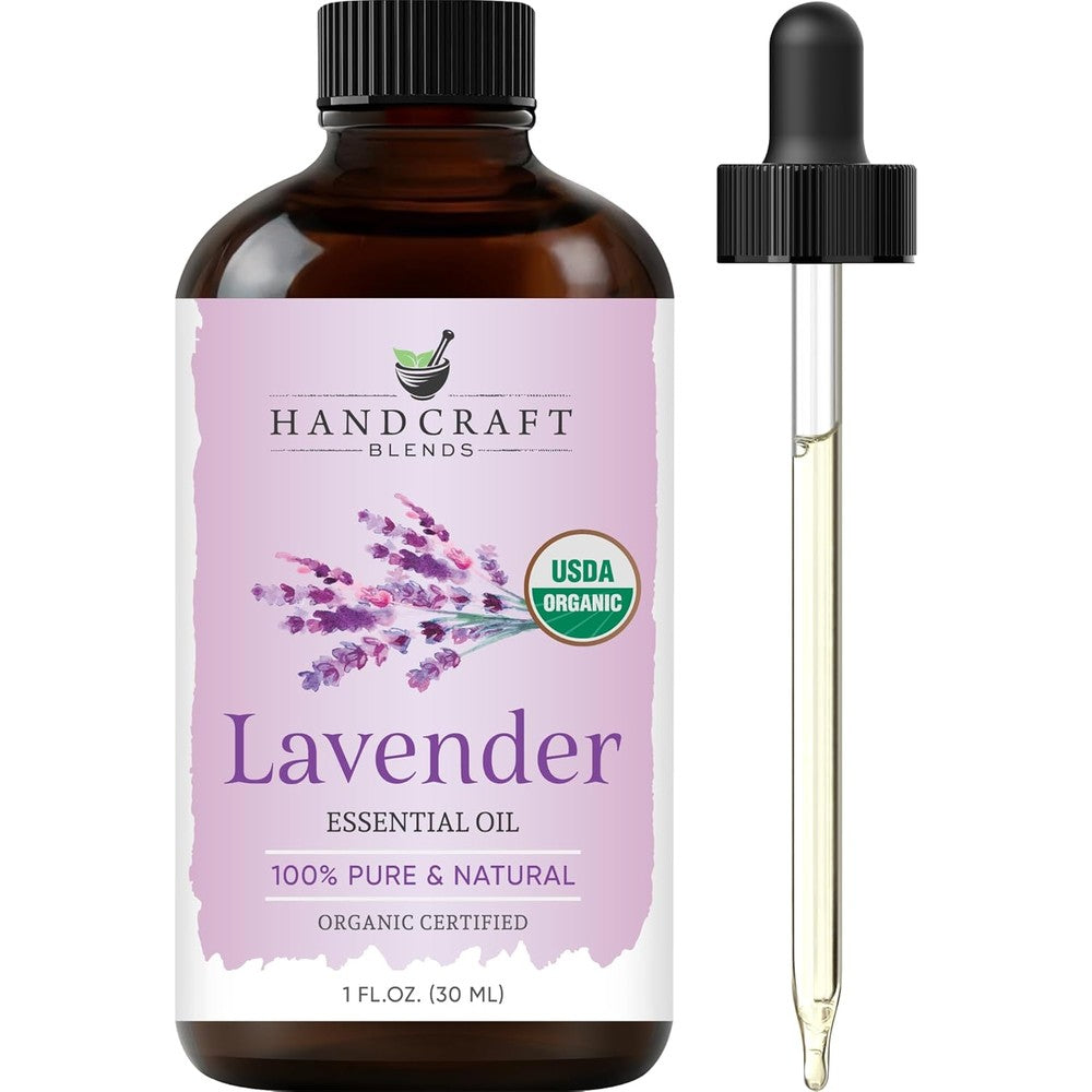 Handcraft Blends Organic Lavender Essential Oil bottle front view for aromatherapy.