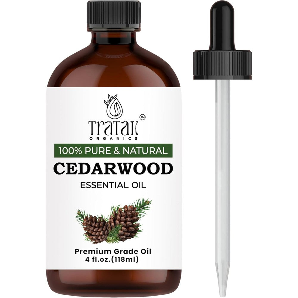 Tratak Organics Cedarwood Essential Oil 4 Fluid Ounce bottle front view for hair growth and aromatherapy.