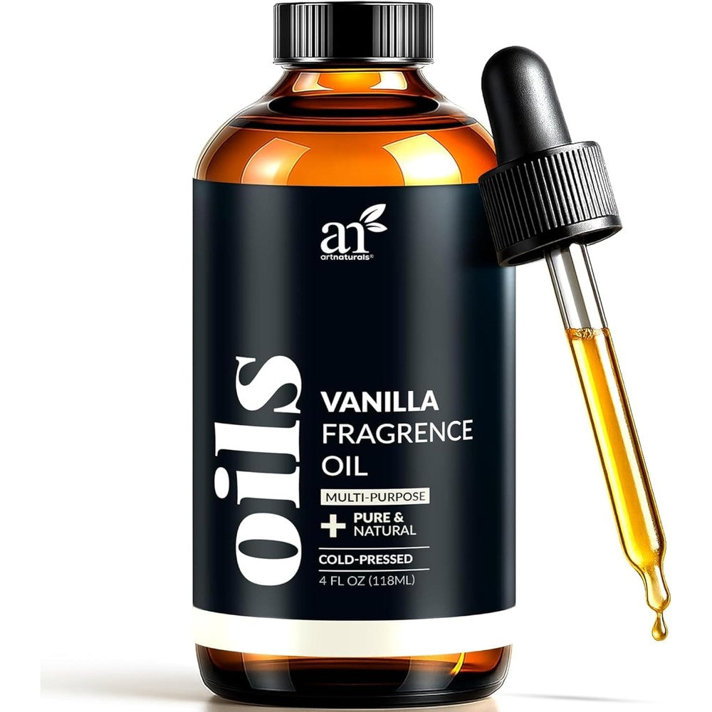 Artnaturals Pure Vanilla Essential Oil 4 Fluid Ounce bottle with dropper for aromatherapy.
