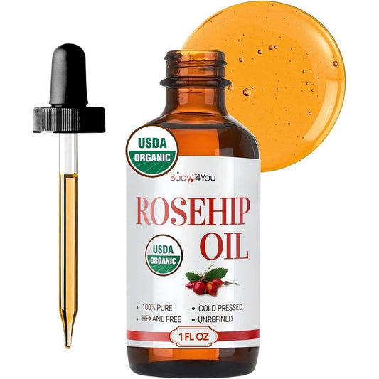 BodyJ4You Rosehip Oil for face 1 fluid ounce bottle front view organic skincare