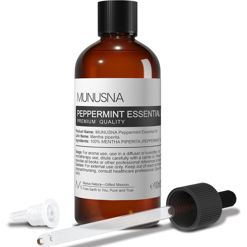 MUNUSNA Peppermint Essential Oil 100ml bottle front view aromatherapy benefits