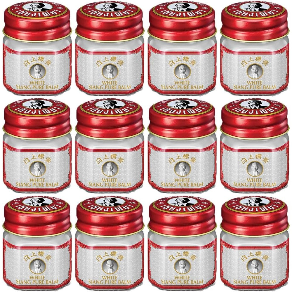 Siang Pure White Balm Herbal Ointment 12 gram pack of 12 jars front view for muscle pain relief.