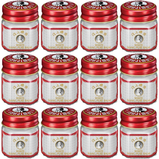 Siang Pure White Balm Herbal Ointment 12 gram pack of 12 jars front view for muscle pain relief.