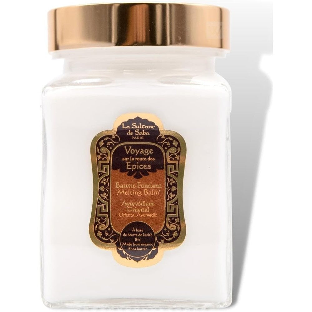 La Sultane De Saba Melting Balm Ayurvedic Amber Vanilla Patchouli 300g jar front view showing luxury packaging.