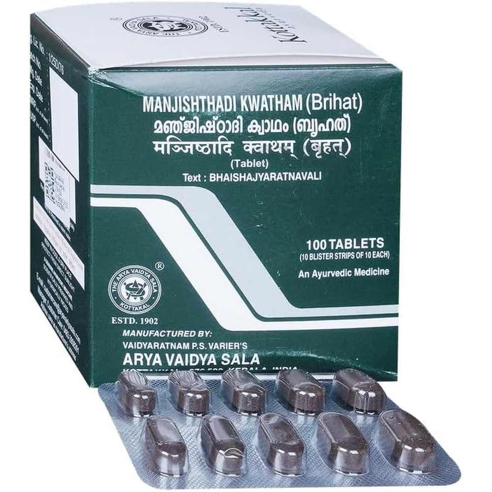 Kottakkal Arya Vaidya Sala Manjishthadi Kwatham Brihat 100 Tablets front view for skin disorder treatment.